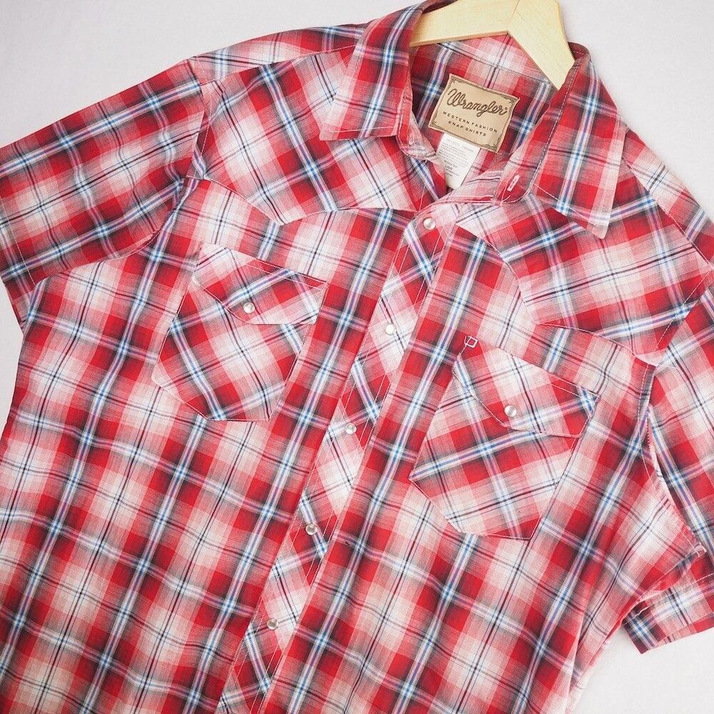 Vintage Wrangler Pearl Snap Western Fashion Shirt Mens L Red White Blue Plaid